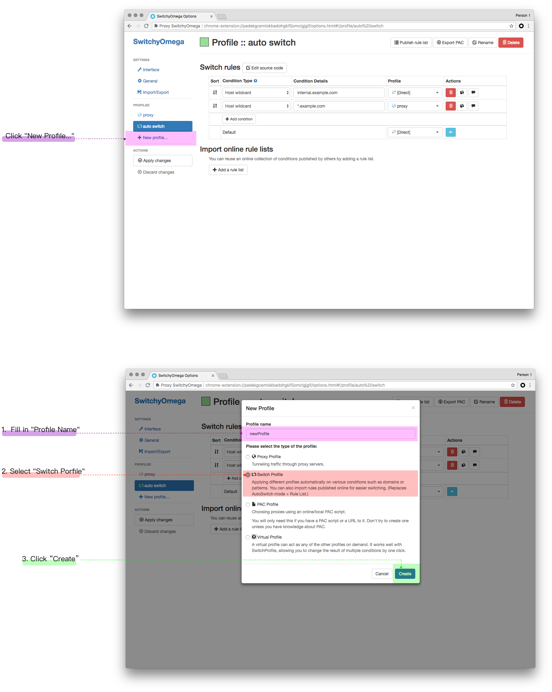 Click "New Profile..." > fill in "Profile Name" > select "Switch Porfile"